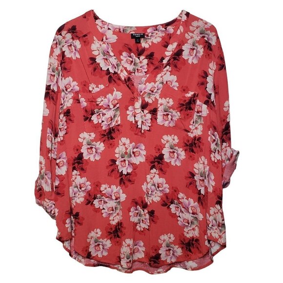 Torrid Rayon Slub Pullover Harper Floral Pink Roll Tab Sleeve Blouse Womens 1X - Picture 1 of 12